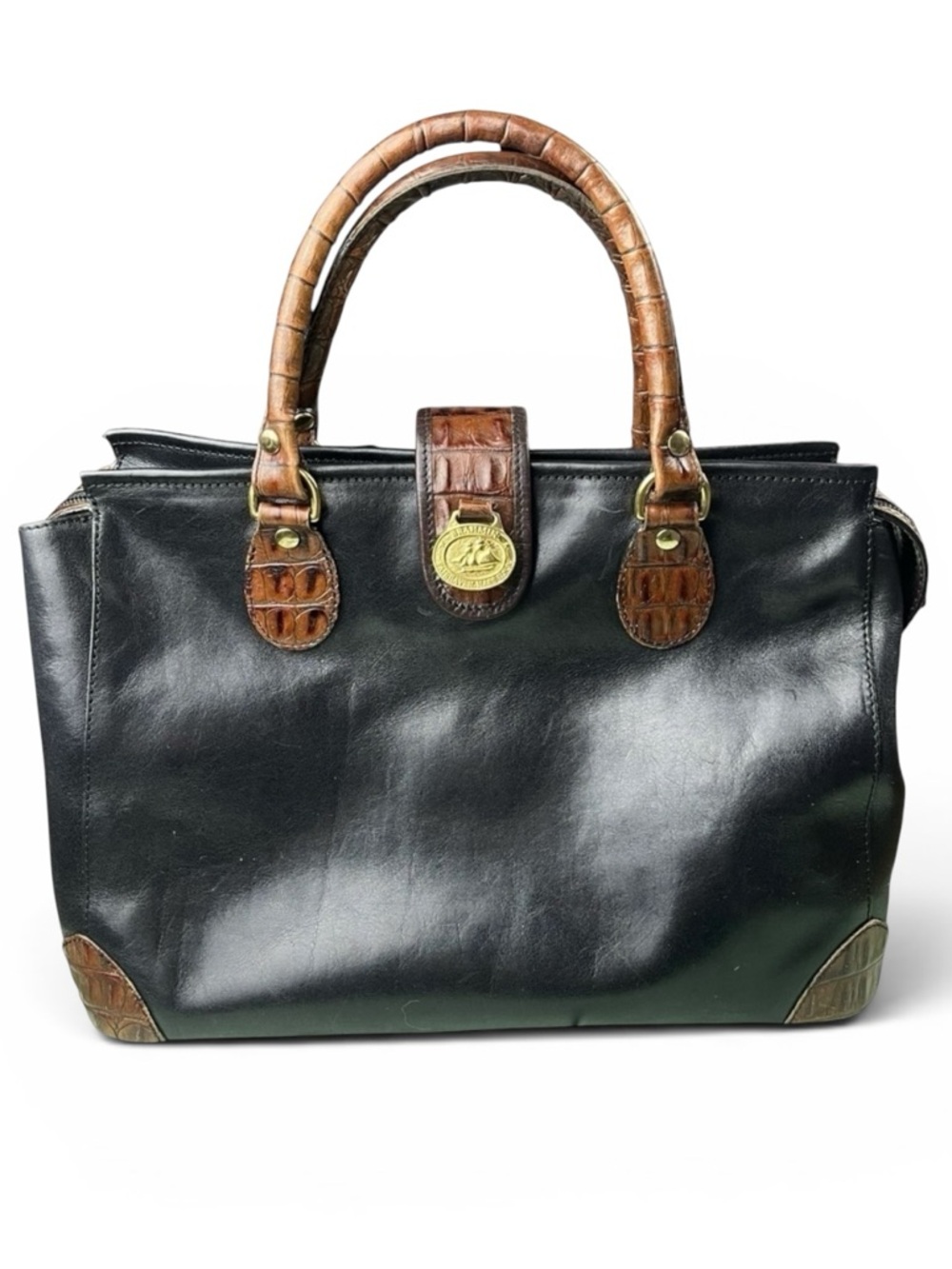 Brahmin Black Leather Tote Bag Brown‎ Croc Embossed Handle Satchel Gold Hardware